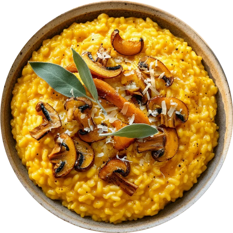 Kürbisrisotto und gebratenen Pilzen