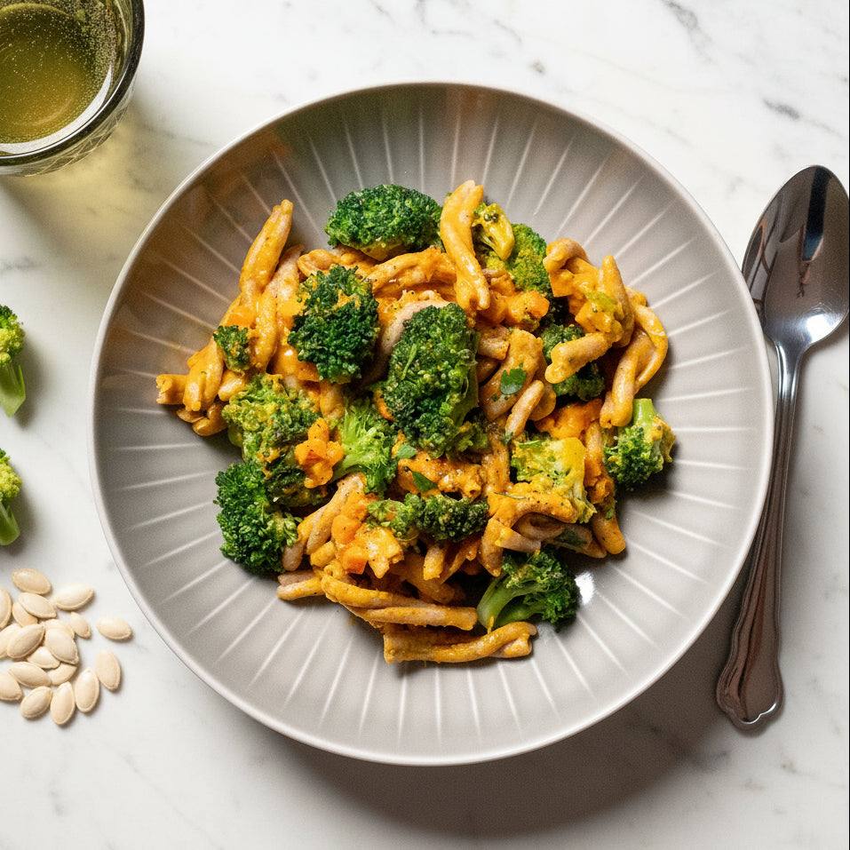 Vollkorncasarecce, Vegetarische Kürbiscarbonara und Broccol