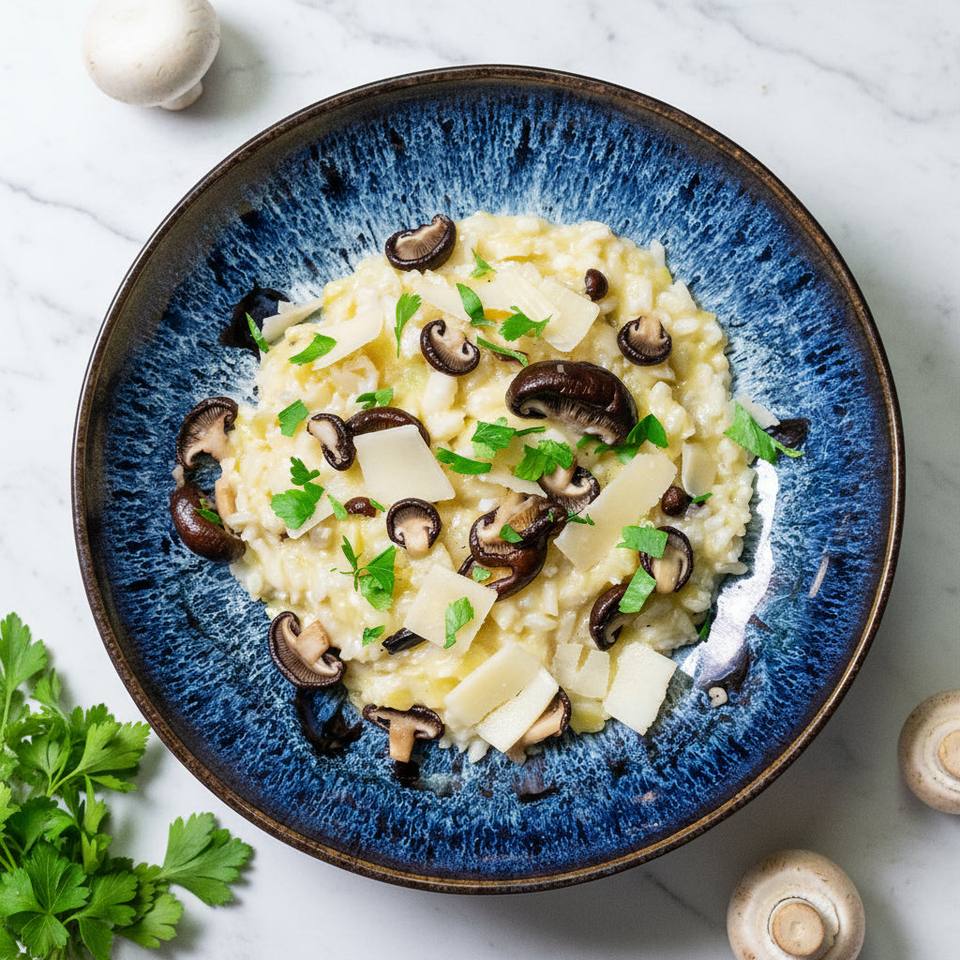 Lauchrisotto mit gebratenen Shiitake Pilzen und Kürbis