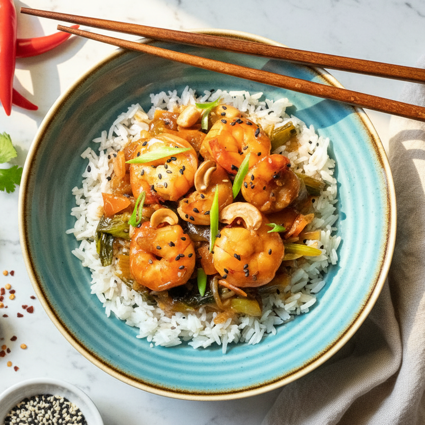 Teriyaki Shrimps, Gemüse, Jasminreis, Cashewkerne