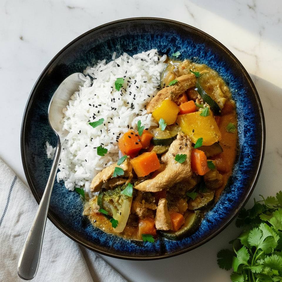 Gelbes Kokos Poulet Curry mit Mandelreis