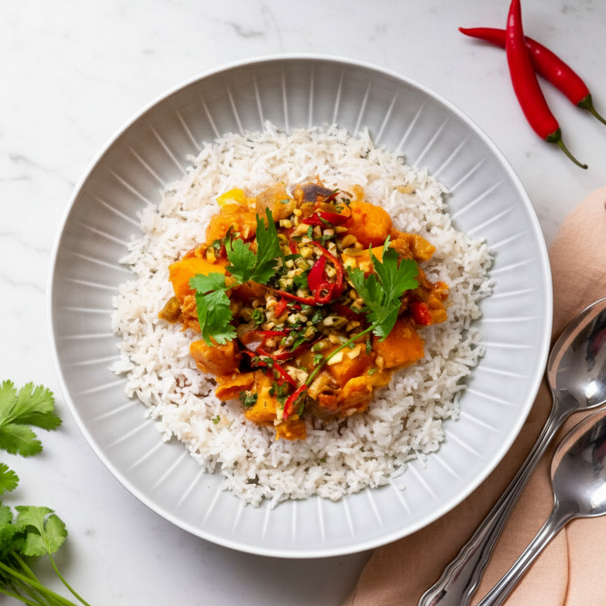 Seitan Süsskartoffel Maafe mit Reis